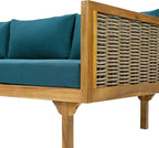 Merax 67.5" Outdoor Patio Daybed 3 Seater Sofa Bed,Acacia Wood Frame with Rattan Arm,Cushion & Pillow for Courtyard