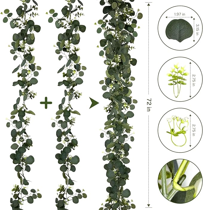 Artificial Eucalyptus Garland 2-Pack, 6 Ft Green with Shapeable Wire