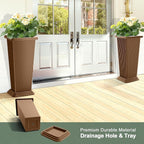 Set of 2 Large Planters for Outdoor Plants 24" Tall Tapered Modern Flower Pots with Drainage Tray for Garden, Patio, Porch (Brown Ribbed)