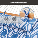Outdoor Double Hammock with Hardwood Spreader Bars, Large Rope Hammock with Polyester Pad and Pillow, 475 LBS Capacity for 2 Person Patio Backyard Poolside - Blue Printing