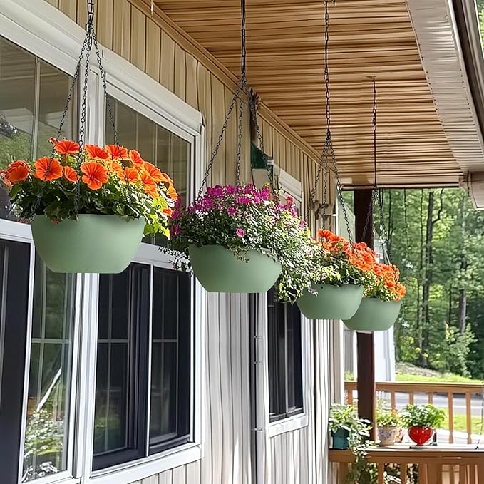 T4U 10 Inch Hanging Planters for Indoor Outdoor Plants, 2 Pack Plastic Hanging Planter, Indoor Hanging Plant Pots, Hanging Basket with Drainage Holes, Flower Pots for Garden Home Decor，Green