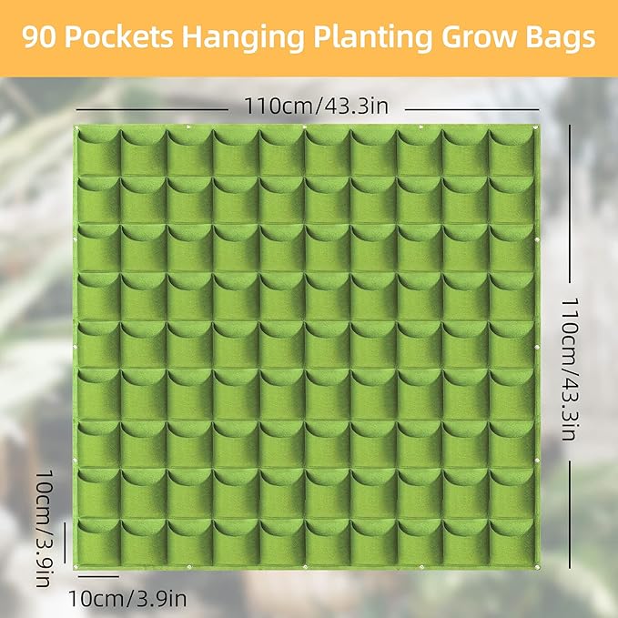 Hanging Planting Grow Bags, 90 Pockets Hanging Vertical Wall Planter Wall Mounted Grow Bag Outdoor Indoor Gardening Vertical Greening Flower Container, Planting Bags Storage Bags(1.1 m × 1.1 m, Green)