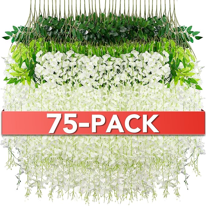 Artificial Flowers Wisteria Vine, 75 Pack, White Silk