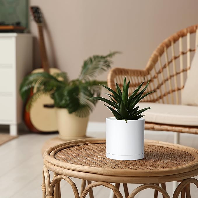 Planters 4 Pack 5 Inch Matte White Modern Plastic Pots with Saucers