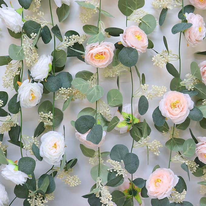 Artificial Eucalyptus Garland 2-Pack, White Roses and Green Leaves