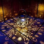 2 Pack Outdoor Solar Hanging Lantern Lights Metal LED Decorative Lamp for Garden Patio Courtyard Lawn and Table with Hollowed-Out Design (Bronze Butterfly)
