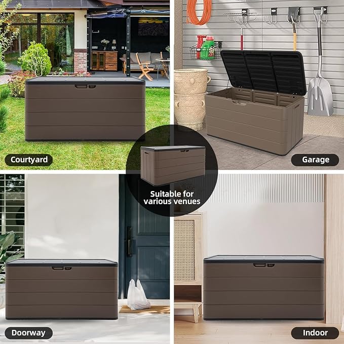 Deck Box 100 Gallon Brown Resin Outdoor Storage Bin with Lockable Latches