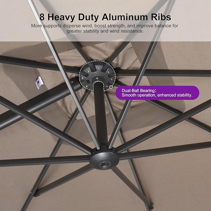 PURPLE LEAF Patio Umbrella 8' X 8' Rectangle Cantilever Umbrella Large Aluminum Outdoor Umbrellas with 360-degree Rotation & UPF40+ Premium Fabric for Deck Pool Garden Yard, Ash Mocha