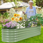 Galvanized Raised Garden Bed - 8×2×1.4ft Planter Raised Beds for Gardening | Oval Metal Garden Planter Box with Safety Edging and Gloves for Vegetables Fruits and Flower OliveGreen