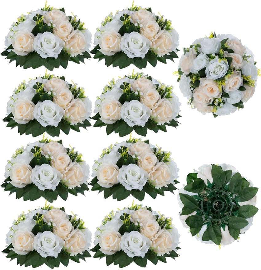 Artificial Flower Balls, 10 Pcs Champagne & White Silk Rose Centerpieces