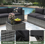 Aoxun 15 Piece Patio Furniture Set with Fire Pit Table Wicker Rattan Outdoor Sectional Sofa Set with Coffee Table and 4” Thickened Cushions, Grey/Black (Waterproof Cover Included)