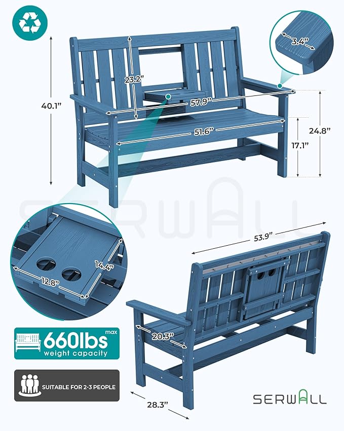 SERWALL Outdoor Bench with Cup Holder, 58" HDPE Front Porch Bench Suitable for 3 Person, All Weather Patio Benches with High Backrest and Wide Armrests for Garden, Park, Yard, Navy