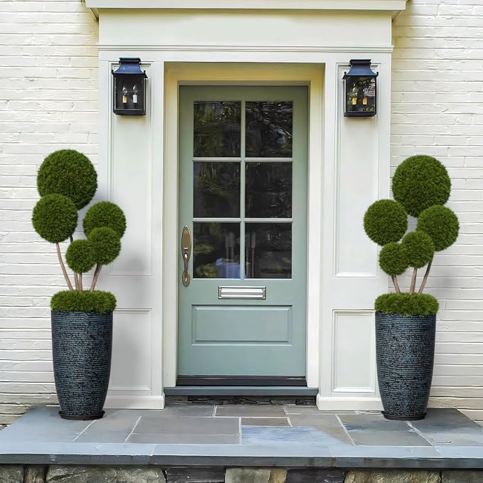 QCQHDU Set of 2 Large Tall Blue Planters with Saucer - 9 Gallon 12" Diameter x 21" H Faux Stone Round Pots for Indoor Plants, Outdoor Patio & Porch Decor, Heavy Duty Weatherproof Plant Containers