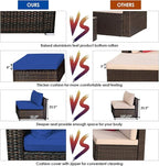 Tangkula 5 Pieces Patio Rattan Furniture Set, Outdoor Sectional Rattan Sofa Set with Back & Seat Cushions, Wicker Conversation Set with Tempered Glass Table for Backyard Porch Garden Poolside (Navy)