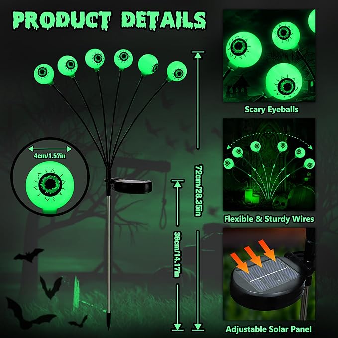 BrizLabs 4 Pack 24 LED Halloween Solar Lights, 2 Modes Outdoor Halloween Eyeball Pathway Lights, Solar Spooky Walkway Light Waterproof, Green Swaying Firefly Lighting for Path Yard Garden Lawn