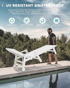SERWALL Patio Chaise Lounge Chair Set of 2 with 9FT Patio Umbrella, 78'' HDPE Outdoor Lounger, Poly Lounge Chair with Rolling Wheels & Cup Holder for Pool,Light White (Umbreall Base not Included)
