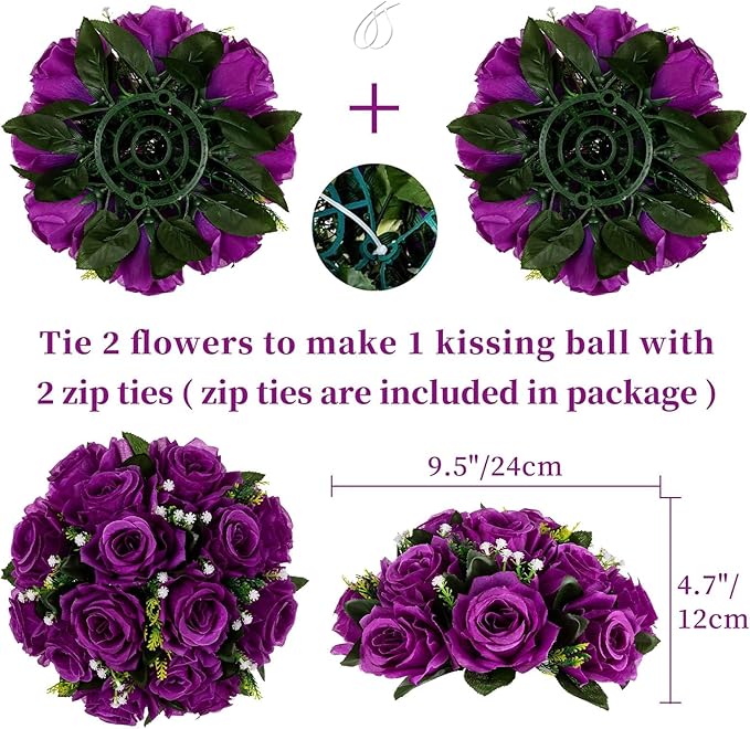 Artificial Rose Flower Balls, Purple Silk, 6 Pack for Centerpieces
