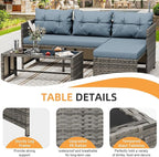 Shintenchi 3-Piece Outdoor Patio Furniture Sets, Wicker Patio Conversation Sets, All Weather Wicker Rattan Patio Seating Sofas with Glass Coffee Table and Cushion, Blue-Gray