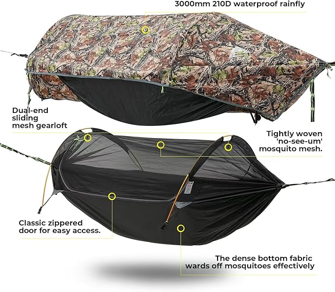 Camping Hammock Tent with Mosquito Net & RainFly, 3 in 1 Waterproof Lightweight Portable Sleeping Hammock Bug, Travel Outdoor Gear with Tree Strap Swing, for Hiking Patio Expedition