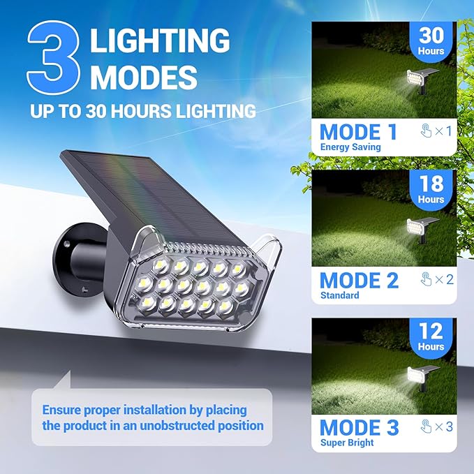 WdtPro Solar Spot Lights Outdoor Waterproof, Bright Solar Lights Outdoor with 16 Extra-Large LEDs, 3 Modes Landscape Spotlights, 2-in-1 Solar Powered Light for Yard Flag Garden, 4 Pack, Cool White