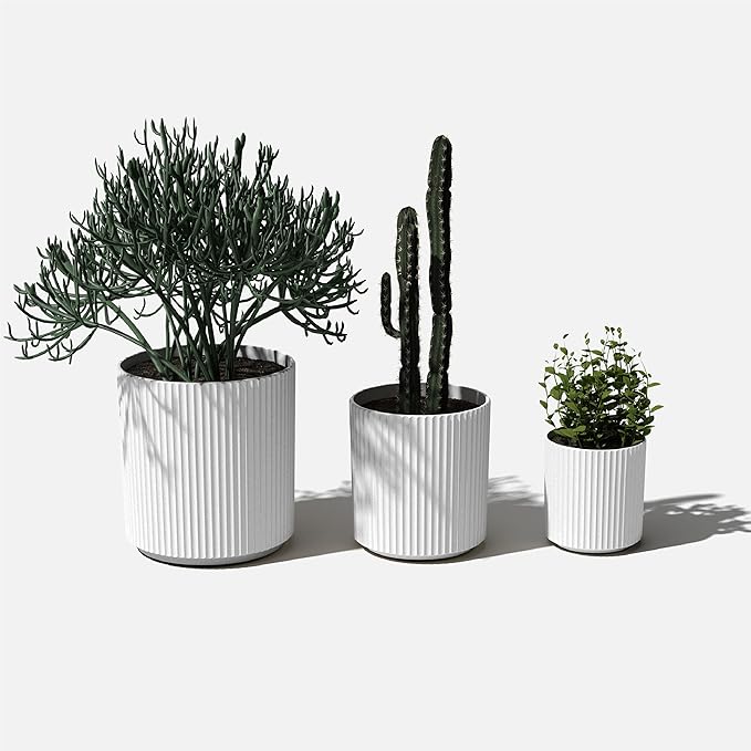 Veradek Demi Series Set of 3 Round Planters for Porch, Patio, Backyard | Durable Plastic-Concrete Material | Modern Décor for Tall Plants, Flower