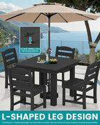 SERWALL Outdoor Dining Set for 4, HDPE Square Table and Chairs Set All Weather Patio Dining Set with 4 Armless Chairs for Patio, Black