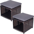 Outdoor Storage Ottoman (Set of 2) - All-Weather Wicker Patio Footstool with Washable Cushions - Sturdy Rattan Foot Rest & Hidden Box for Deck, Porch, Backyard & Balcony