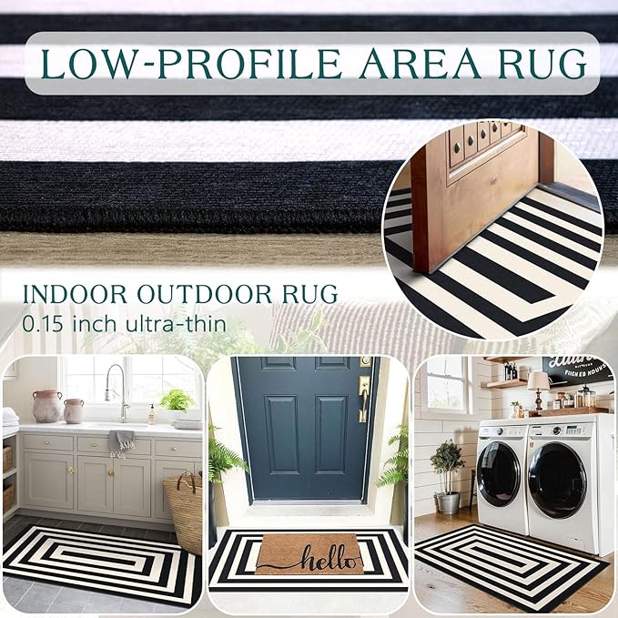 Outdoor Rug Black Ivory Geometric Front Door Mat, 2x4.3 Ft