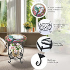 Outdoor Side Table Round Small Mosaic Patio Accent Indoor End Plant Coffee Tea Table for Yard Patio Porch Garden Living Room, Bedroom(Hummingbird Style,12 Inch)