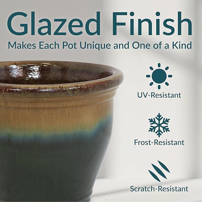 Sunnydaze Large Ceramic Plant Pot - Round Outdoor Glazed Ceramic Planter Pot with Drainage - Studio - Forest Lake Green - 14.5"