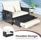 Tangkula Patio Rattan Daybed with 4-Level Adjustable Backrest, Outdoor PE Wicker Loveseat with Storage Ottoman & Folding Side Tray, Double Sunbed Lounger for Balcony, Backyard & Poolside (White)