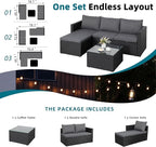 3-Piece Outdoor Patio Sectional Sofa Set with Glass Coffee Table & Ottoman — All-Weather PE Rattan Conversation Furniture, Black Rattan & Grey Cushions, Perfect for Garden, Backyard, Deck, Grey