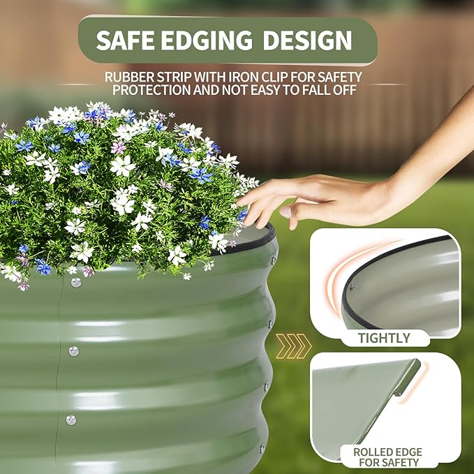 Galvanized Raised Garden Bed - 8x2x1FT Metal Planter Boxes Outdoor | Oval Steel Raised Bed Kit for Gardening with Protective Tape, Bracing Rods, Gloves for Vegetables, Flower, Herb (Green)