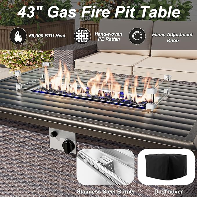 ALAULM Patio Furniture Set with Fire Pit Table 55000 BTU, Outdoor Sectional with Wide Seat and Thick Cushion, 8 Piece Wicker Rattan Conversation Set with Coffee Table for Garden, Deck, Grey