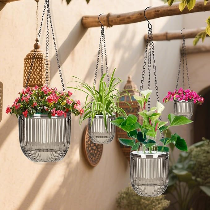 Self Watering Planters for Indoor Plants & Outdoor Plants Hanging Basket for Plants Modern Air Plant Pots with Drainage, Adjustable Hooks for Home, Balcony, Garden Décor Grey