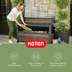 Keter Signature 60 Gallon Storage Bench Deck Box for Patio Furniture, Front Porch Decor and Outdoor Seating – Perfect to Store Garden Tools, Walnut