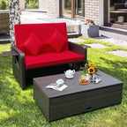 HAPPYGRILL Patio Rattan Wicker Daybed with Loveseat & Storage Ottoman, Outdoor Lounge Sofa Furniture Set with Adjustable Backrest & Side Trays, for Poolside Deck Porch Lawn (Mix Brown & Red)