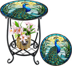 Outdoor Side Table Round Small Mosaic Patio Accent Indoor End Plant Coffee Tea Table for Yard Patio Porch Garden Living Room, Bedroom(Peacock Style,14 Inch)