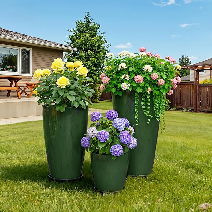 QCQHDU 24,21,11 inch Large Planters with Drainage Hole & Saucer, Set of 3 Plant Pots Tall Planter for Indoor & Outdoor Plants Home Modern Decor