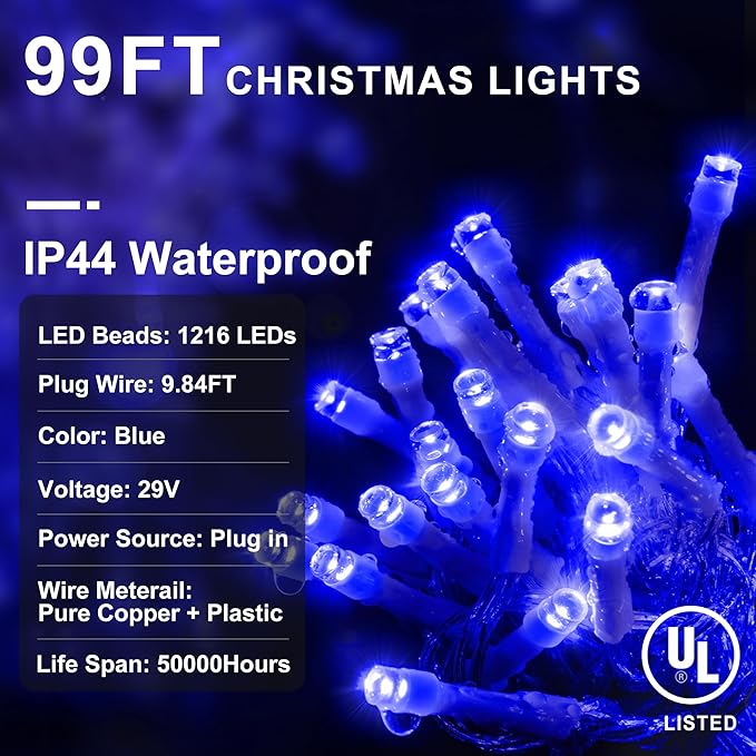 String Lights, 99 ft Outdoor LED Strand with 1216 Bulbs, Blue