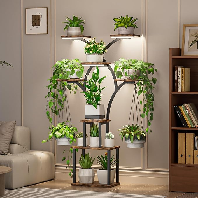 Elbourn Plant Stand Indoor with Grow Lights - 60" Tall Metal Plant Shelf for Multiple Plants, 8 Tiered Corner Plant Stands for Indoor Plants, X - Shaped Decorative Rack for Home, Living Room & Patio Decor (Brown)