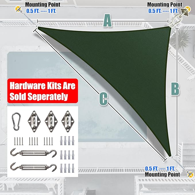 Amgo Custom Size 7' x 9' x 11.4' Green Right Triangle Sun Shade Sail Order to Make Canopy Awning UPF50+ AGSLT, 95% UV Blockage, Water & Air Permeable, 200GSM Commercial Standard (We Customize)