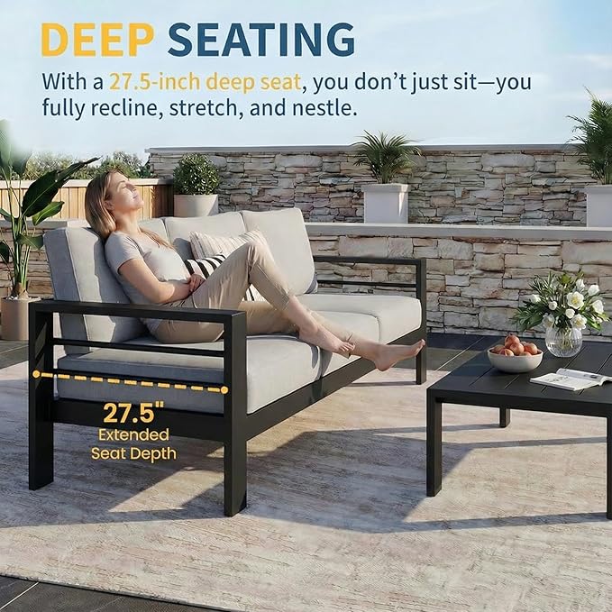 Solaste Aluminum Patio Furniture Set for All Weather, Oversized Metal Outdoor Furniture Set with 27.5" Deep Seating and 3.2" WIde Armrest, Outdoor Patio Conversation Sets with 10’’ Back Suport Cushion
