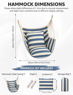 Hammock Chair Swing 2 Cushions Included - Hanging Rope Swing Max 400 Lbs Sturdy Soft Cotton Indoor for Bedroom Swing Chair Outdoor Patio Bedroom Porch Deck (Blue White Stripes)