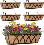 Window Deck Railing Planters Boxes with Coconut Liner, The Bottom Flat Window Boxes Planters Flower Boxes Metal Black Balcony Planter Railing Hanging for Outdoor Fence Porch Patio Lawn(4Pcs 24 Inch)