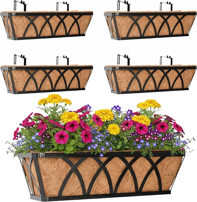Window Deck Railing Planters Boxes with Coconut Liner, The Bottom Flat Window Boxes Planters Flower Boxes Metal Black Balcony Planter Railing Hanging for Outdoor Fence Porch Patio Lawn(4Pcs 24 Inch)