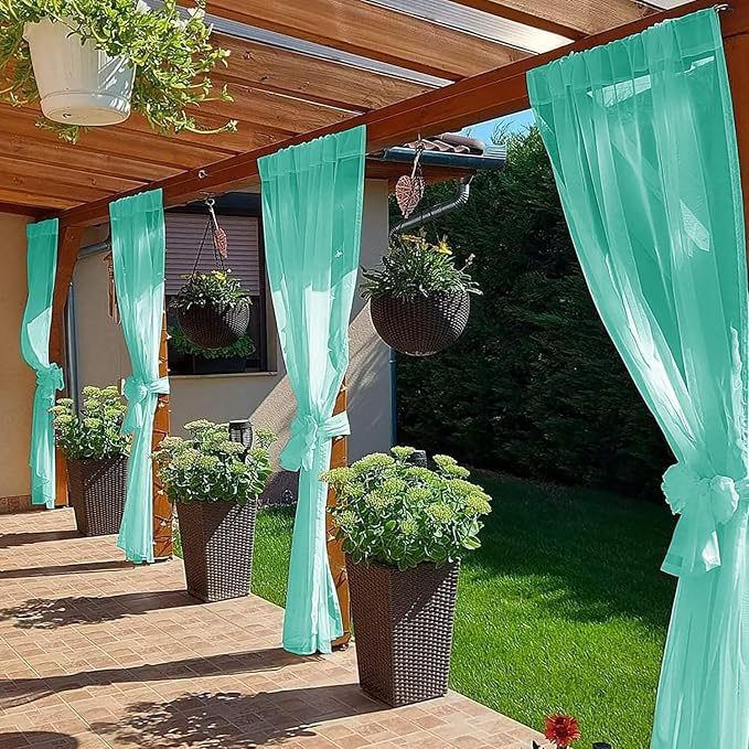 SpaceDresser Waterproof Outdoor Sheer Curtains for Patio - 4 Panels Rod Pocket Indoor Voile Sheer Curtain for Living Room,52W x 108L inch, Turquoise