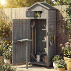 Goplus All-in-One Storage Shed, 70" Tall Wooden Lockable Cabinet w/Foldable Work Table, Vertical Utility Tool Organizer w/Shelves & Hooks, Waterproof Garden Shed for Patio Backyard (Gray)