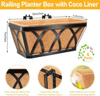 Riare 4 Pack 16 Inch Metal Railing Planter Window Box with Coco Liner- Adjustable Window Flower Boxes for Railings, Hanging Rail Planters for Deck, Balcony, Porch, Fence, Indoor Outdoor Plants