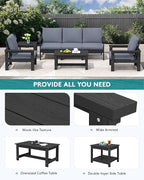 SERWALL HDPE Patio Furniture Set, 7-piece Outdoor Sectional Sofa Set, All Weather Outdoor Couch Set for Deck, Lawn, Black Frame with Grey Cushion